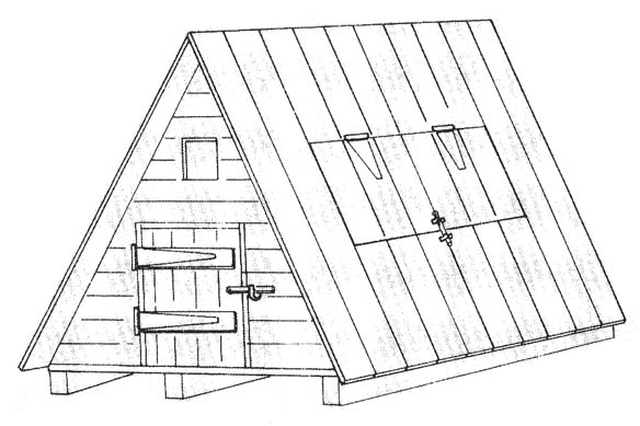 An excellent "A" type hog house. When built on skids it may be readily moved to clean ground after each farrowing. Note the side door so that the attendant may assist the sow during parturition should this become necessary. This house should be at least four feet square and about three feet six inches high.